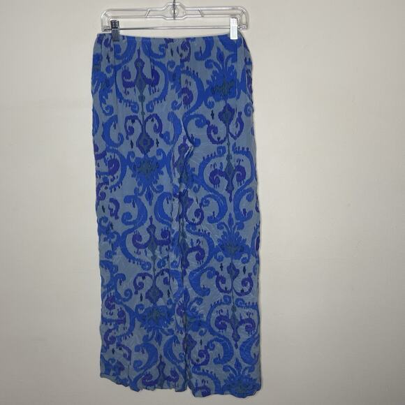 AUM COUTURE Blue Purple 100% Silk Ikat Paisley Print Pants Pull On Beach Boho L - Picture 5 of 10